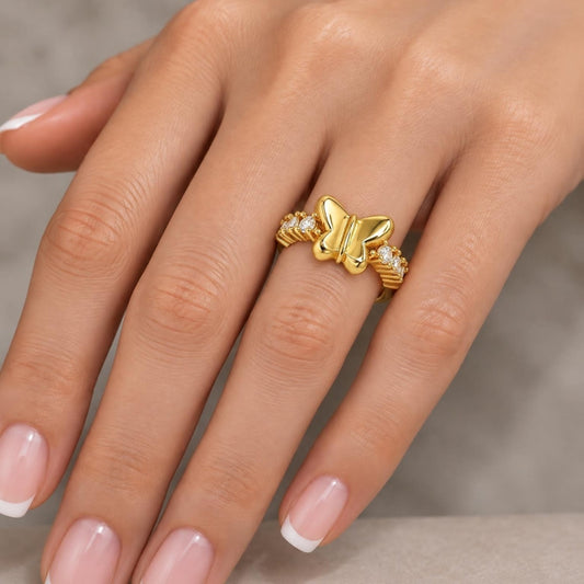 Oro Laminado Multi Stone Ring, Gold Filled Style Butterfly Design, with White Cubic Zirconia, Polished, Golden Finish