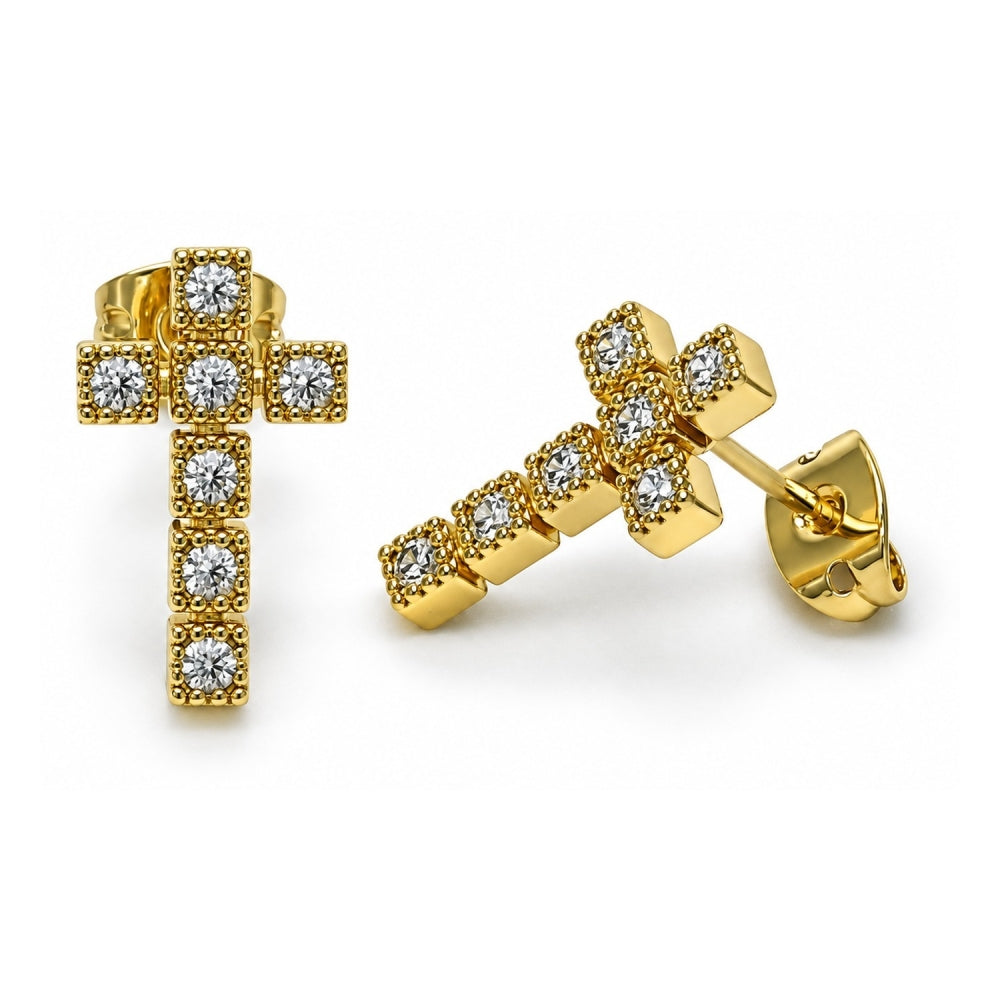 Oro Laminado Stud Earring, Gold Filled Style Cross Design, with White Cubic Zirconia, Polished, Golden Finish