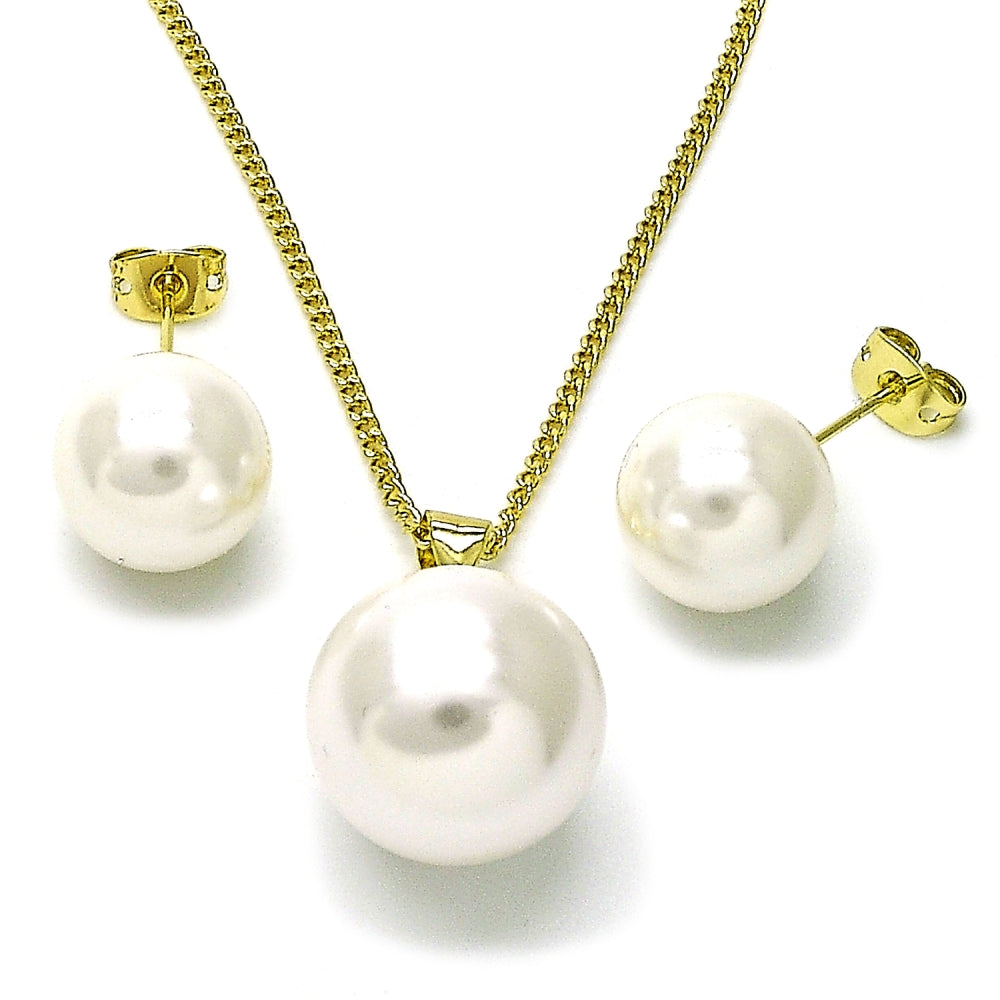 Oro Laminado Earring and Pendant Adult Set, Gold Filled Style Ball Design, with Ivory Pearl, Polished, Golden Finish
