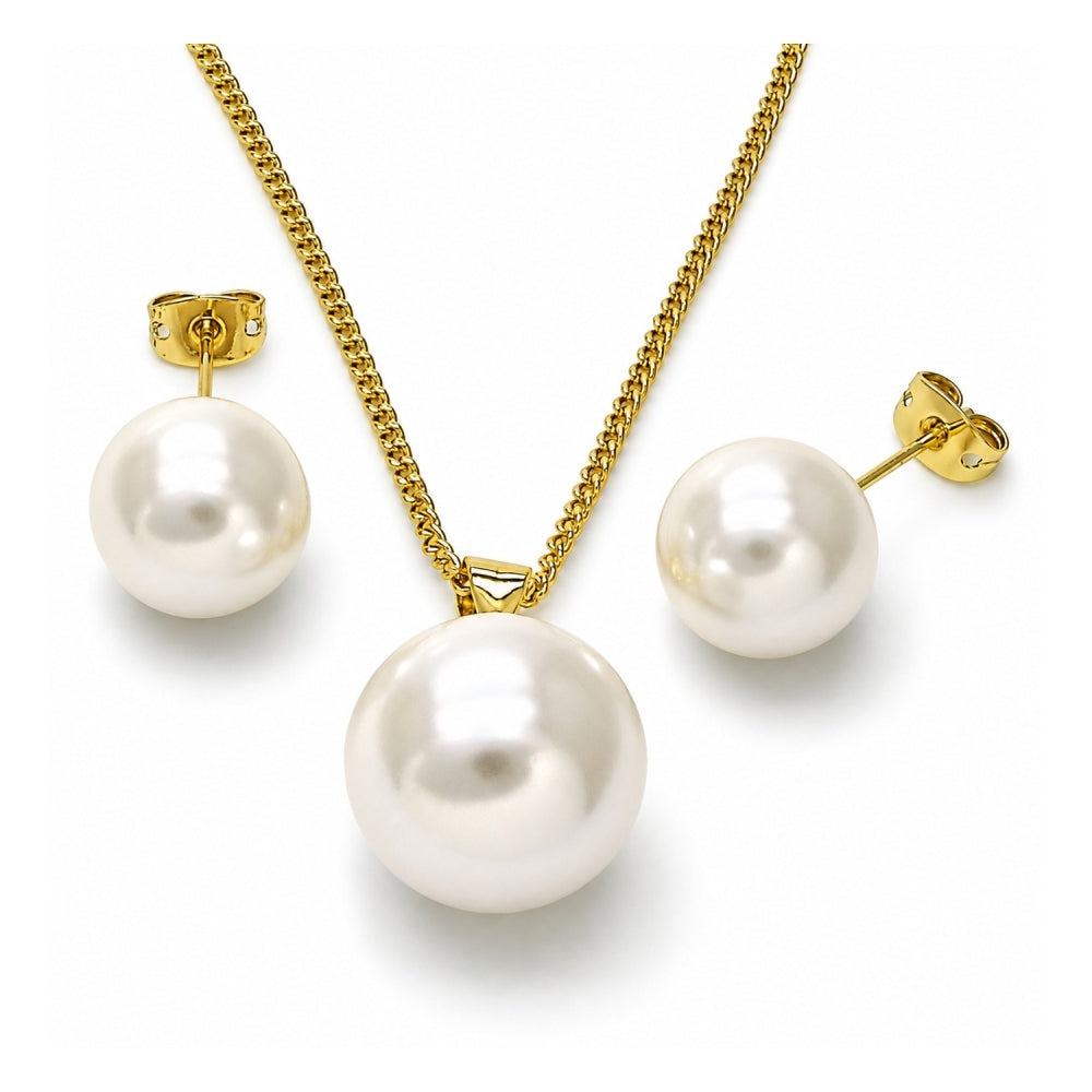 Oro Laminado Earring and Pendant Adult Set, Gold Filled Style Ball Design, with Ivory Pearl, Polished, Golden Finish