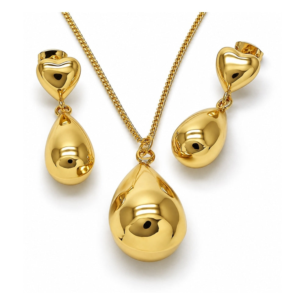 Oro Laminado Earring and Pendant Adult Set, Gold Filled Style Teardrop and Hollow Design, Polished, Golden Finish