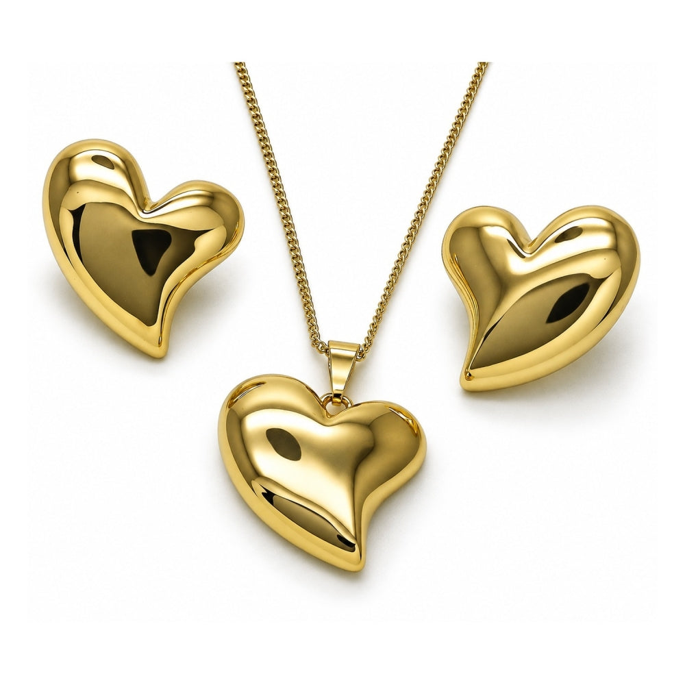 Oro Laminado Earring and Pendant Adult Set, Gold Filled Style Heart Design, Polished, Golden Finish