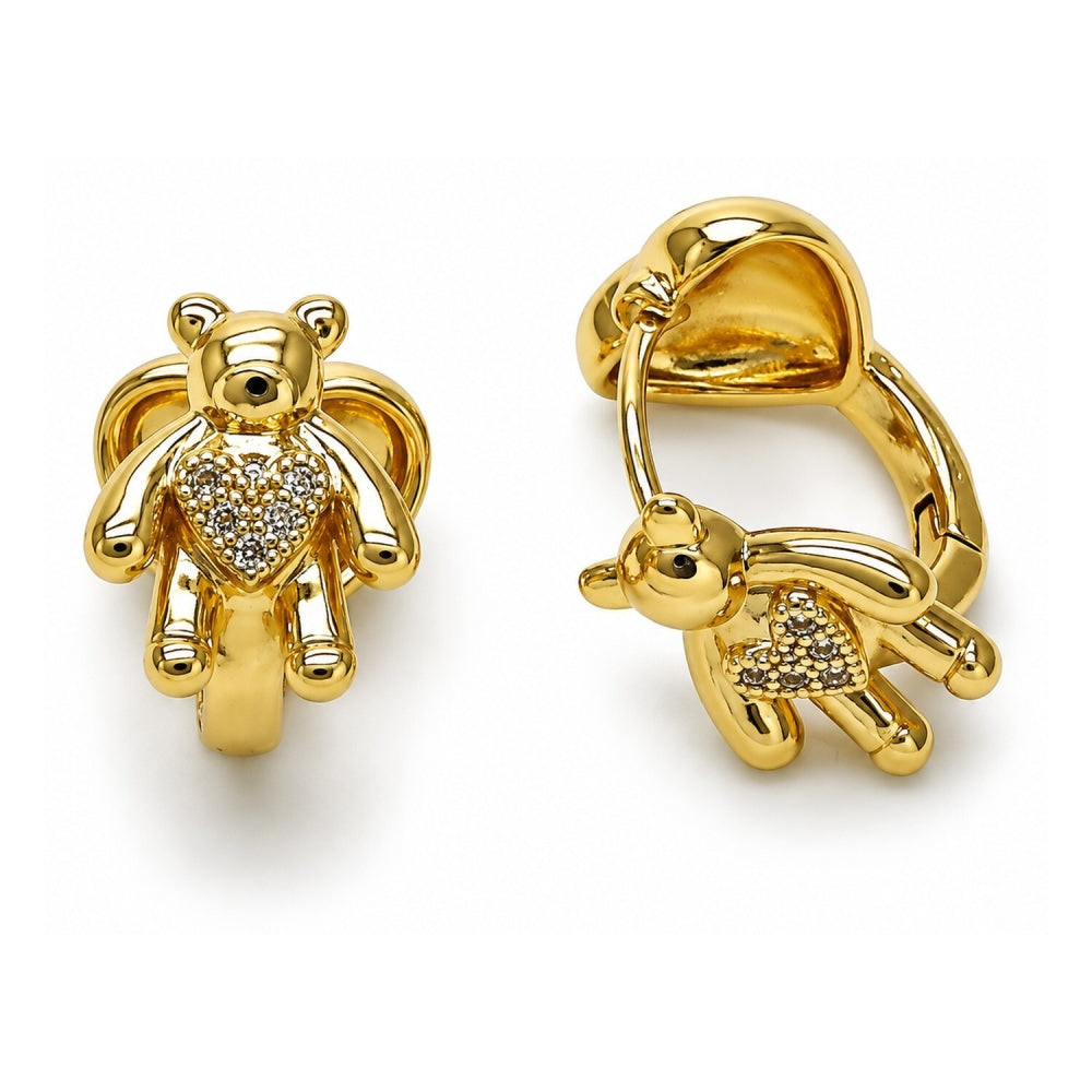 Oro Laminado Huggie Hoop, Gold Filled Style Teddy Bear and Heart Design, with White Micro Pave, Polished, Golden Finish