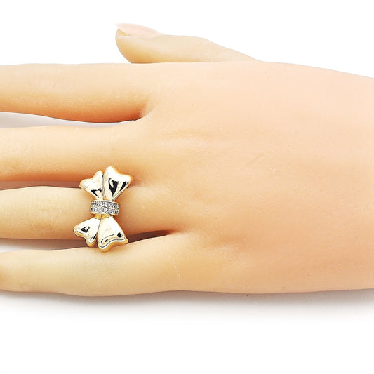 Oro Laminado Multi Stone Ring, Gold Filled Style Bow Design, with White Cubic Zirconia, Polished, Golden Finish