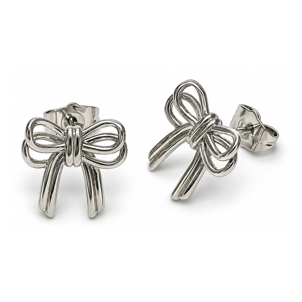 White Gold Filled Stud Earring, Bow Design, Polished, Rhodium Finish