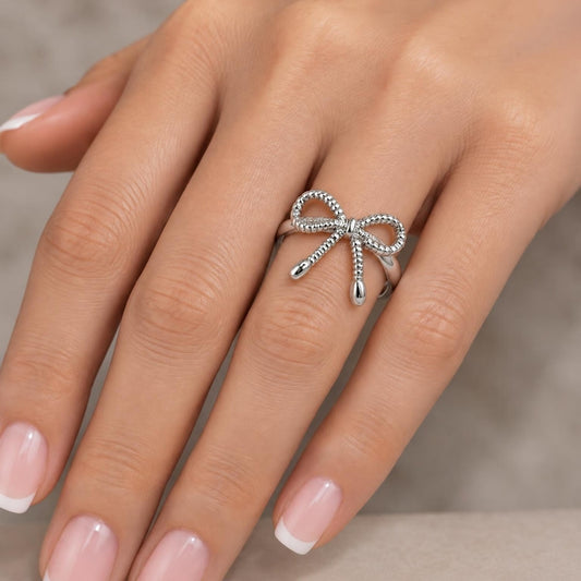 White Gold Filled Elegant Ring, Bow Design, Diamond Cutting Finish, Rhodium Finish