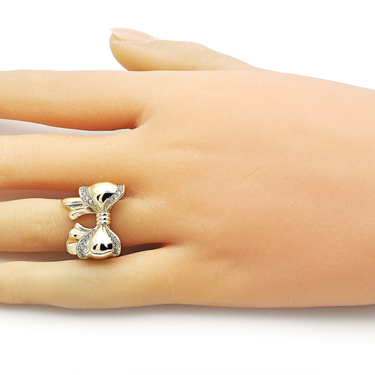 Oro Laminado Multi Stone Ring, Gold Filled Style Bow Design, with White Cubic Zirconia, Polished, Golden Finish