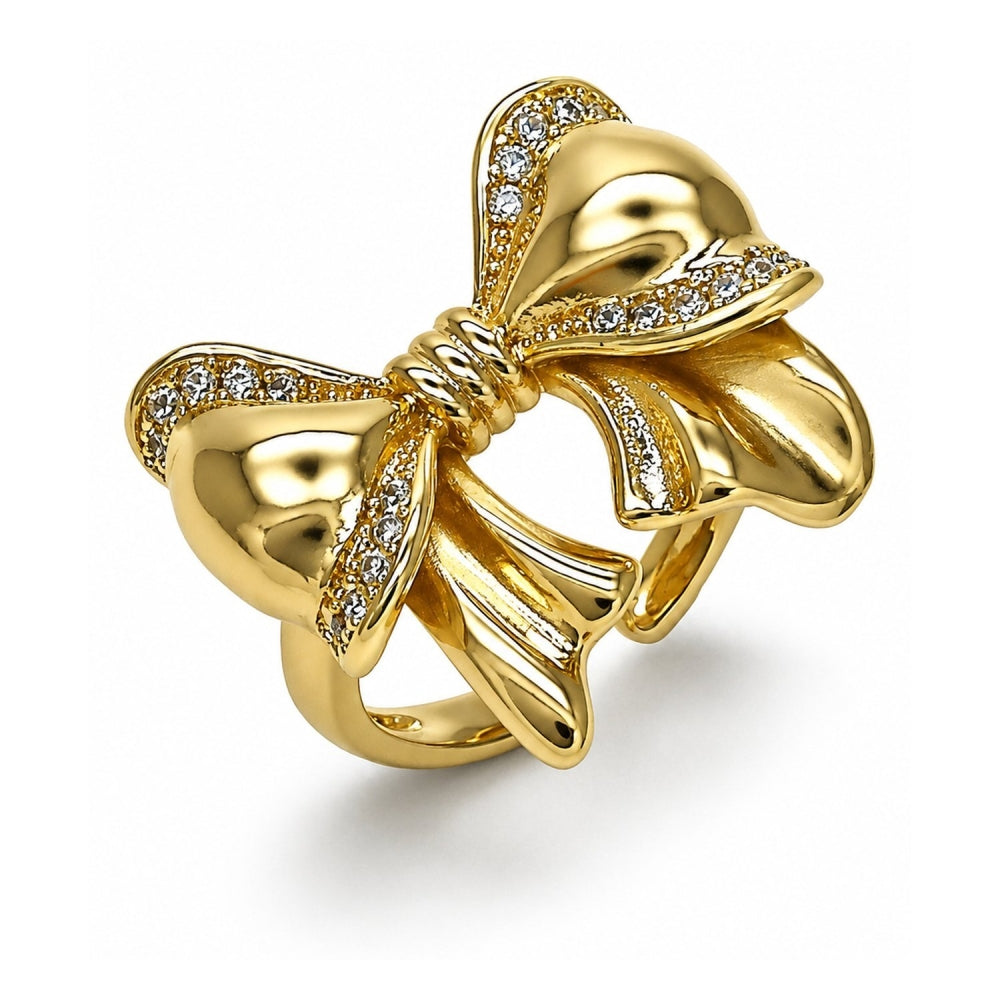 Oro Laminado Multi Stone Ring, Gold Filled Style Bow Design, with White Cubic Zirconia, Polished, Golden Finish