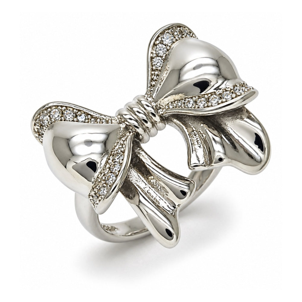 White Gold Filled Multi Stone Ring, Bow Design, with White Cubic Zirconia, Polished, Rhodium Finish
