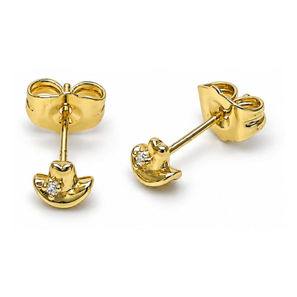 Oro Laminado Stud Earring, Gold Filled Style Hat Design, with White Cubic Zirconia, Polished, Golden Finish