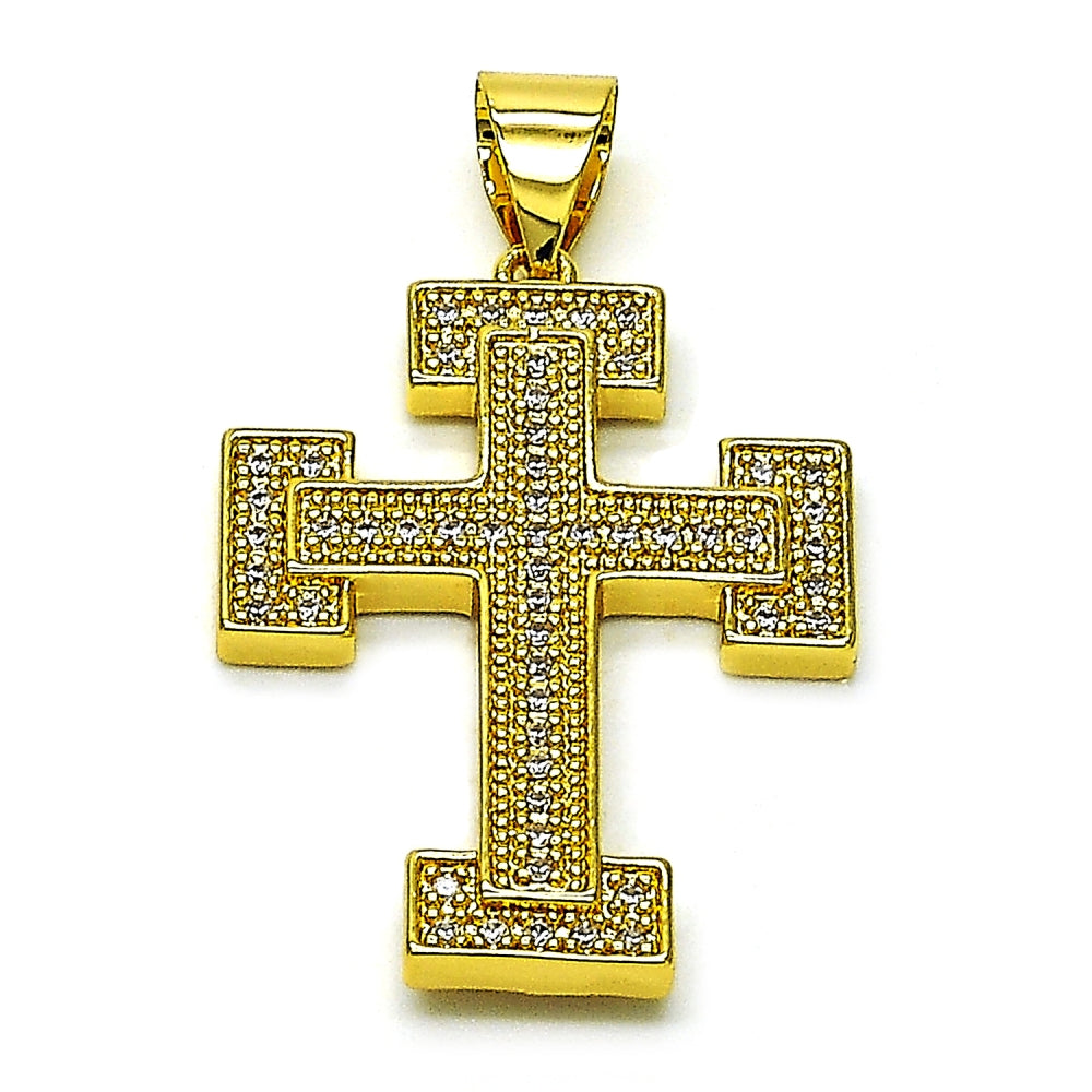 Oro Laminado Religious Pendant, Gold Filled Style Cross Design, with White Cubic Zirconia, Polished, Golden Finish