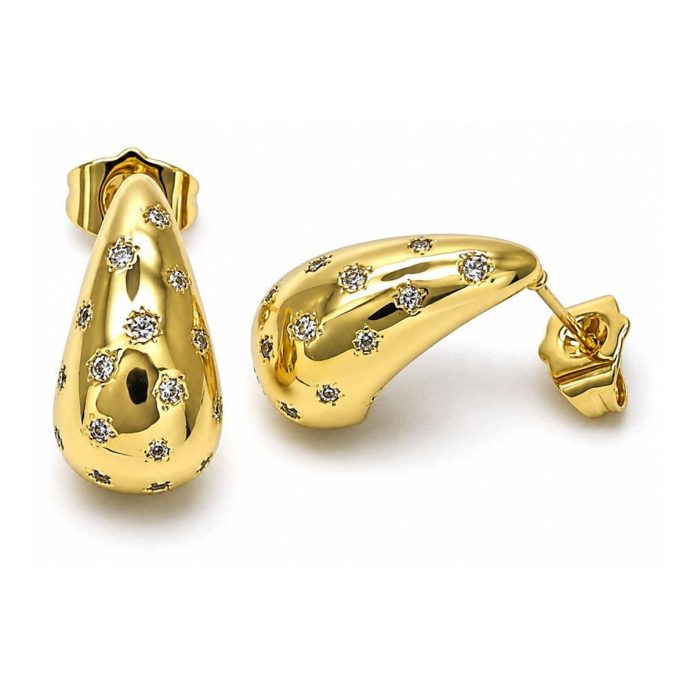 Oro Laminado Stud Earring, Gold Filled Style Teardrop and Star Design, with White Cubic Zirconia, Polished, Golden Finish