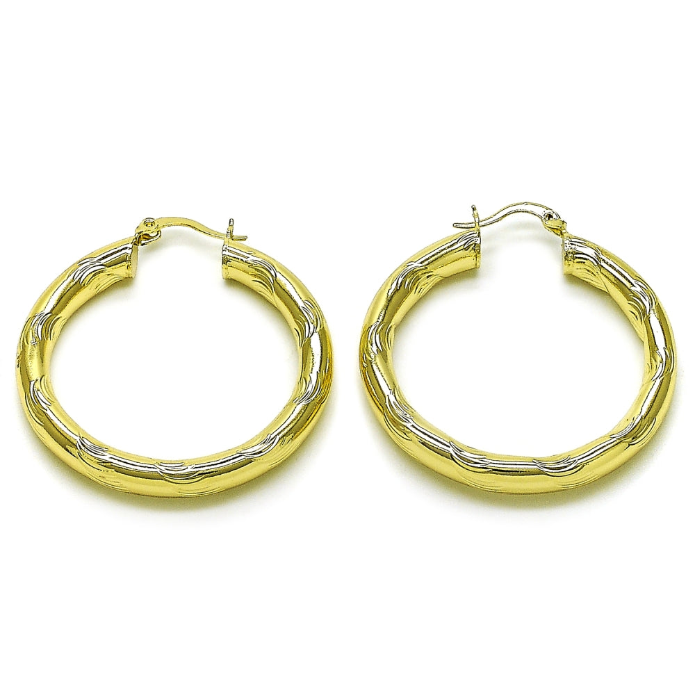 Oro Laminado Medium Hoop, Gold Filled Style Hollow Design, Diamond Cutting Finish, Golden Finish