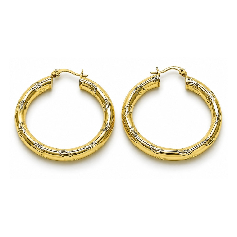 Oro Laminado Medium Hoop, Gold Filled Style Hollow Design, Diamond Cutting Finish, Golden Finish