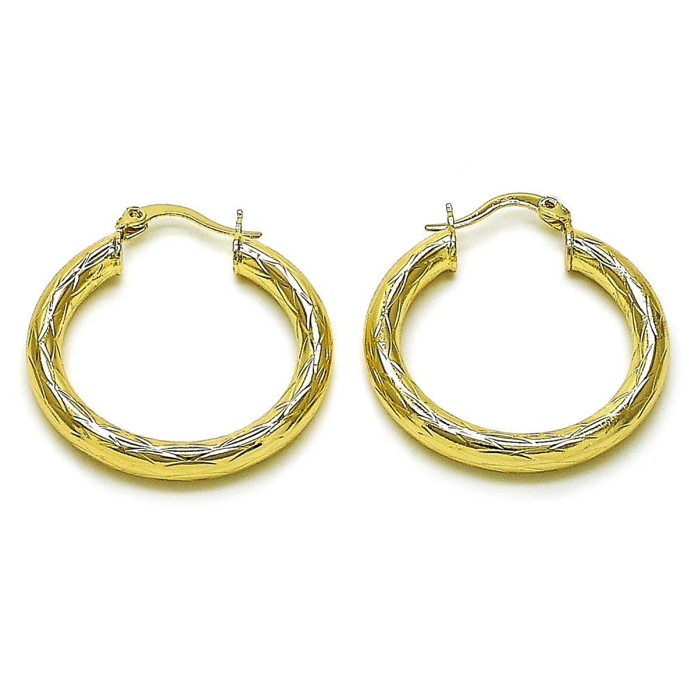Oro Laminado Medium Hoop, Gold Filled Style Hollow Design, Diamond Cutting Finish, Golden Finish
