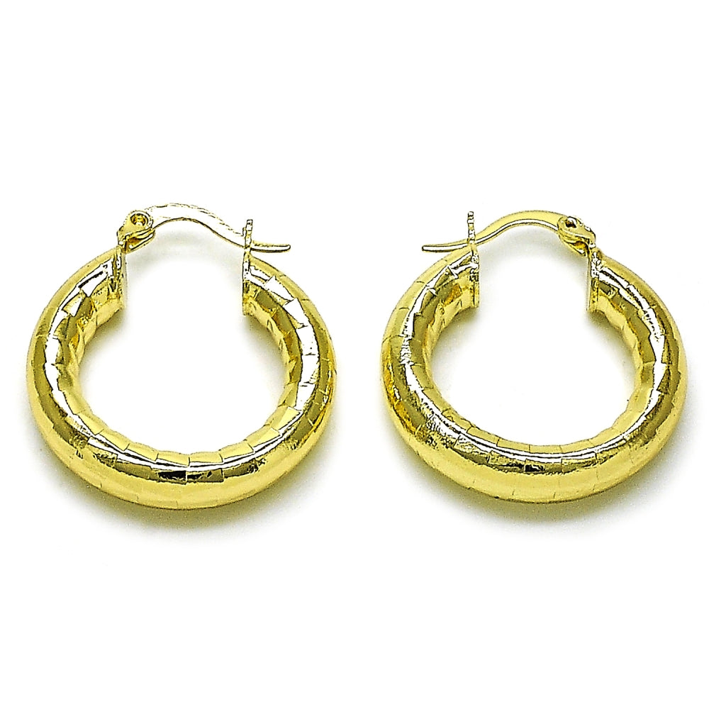 Oro Laminado Medium Hoop, Gold Filled Style Hollow Design, Diamond Cutting Finish, Golden Finish