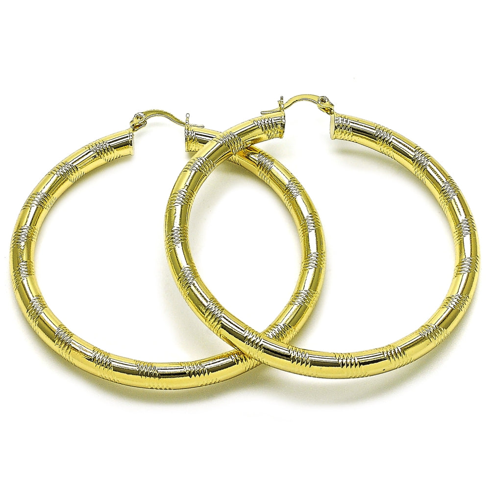 Oro Laminado Large Hoop, Gold Filled Style Hollow Design, Diamond Cutting Finish, Golden Finish