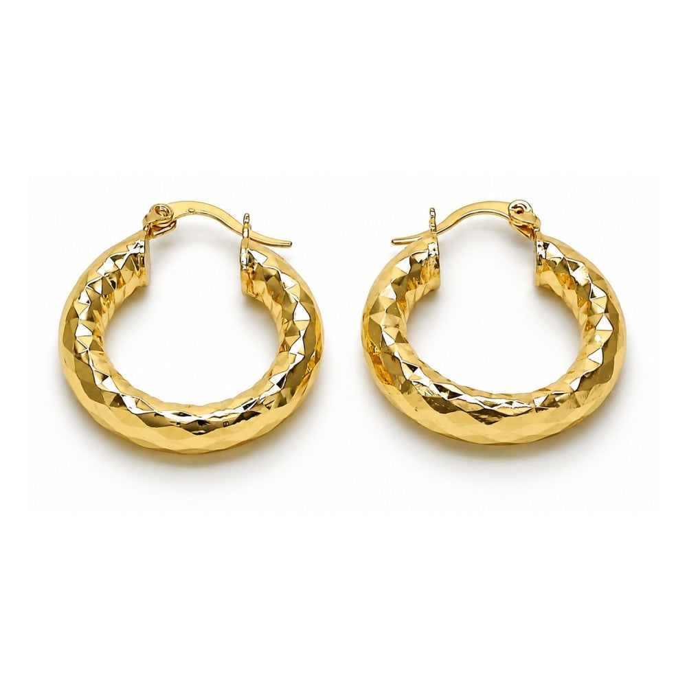 Oro Laminado Medium Hoop, Gold Filled Style Hollow Design, Diamond Cutting Finish, Golden Finish