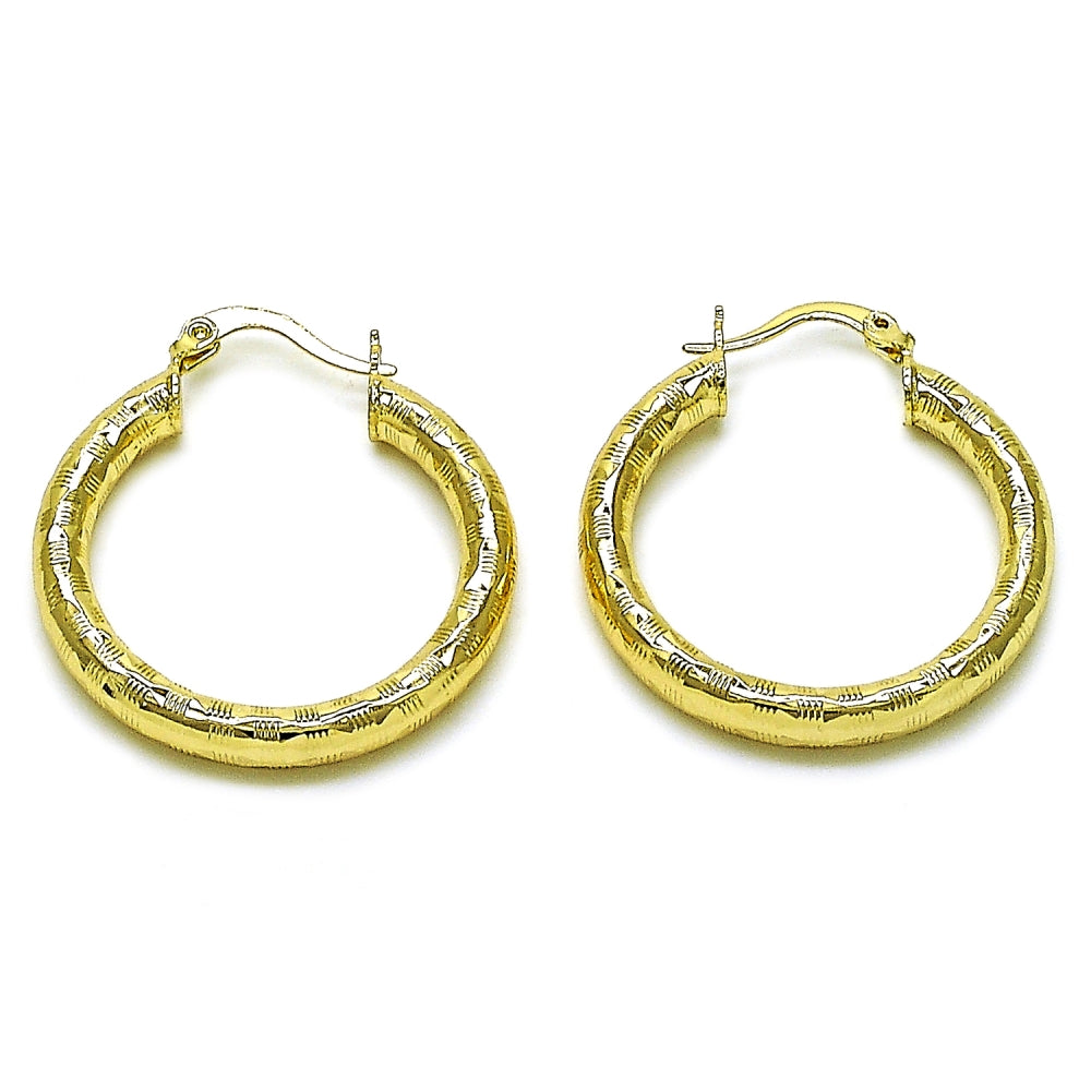 Oro Laminado Medium Hoop, Gold Filled Style Hollow Design, Diamond Cutting Finish, Golden Finish