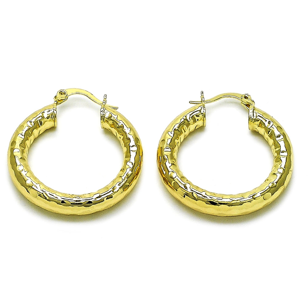 Oro Laminado Medium Hoop, Gold Filled Style Hollow Design, Diamond Cutting Finish, Golden Finish