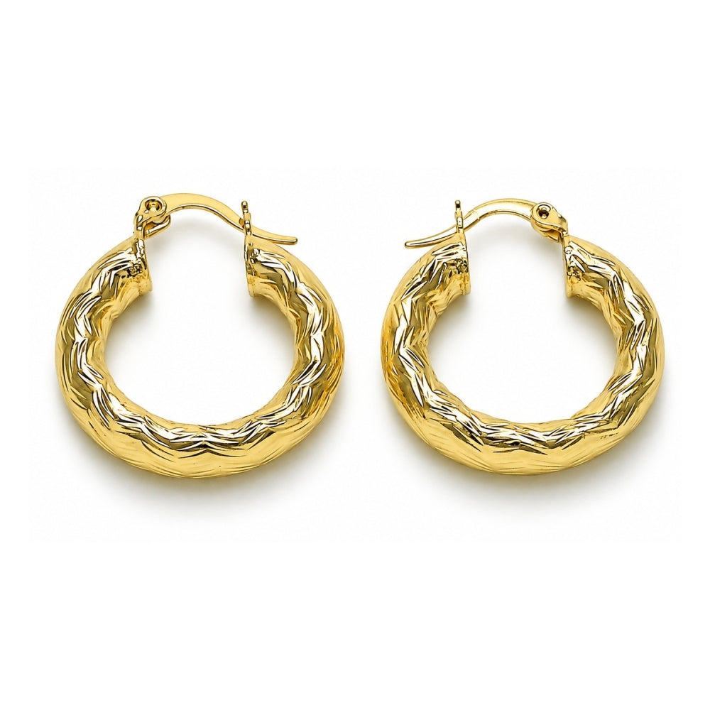 Oro Laminado Medium Hoop, Gold Filled Style Hollow Design, Diamond Cutting Finish, Golden Finish