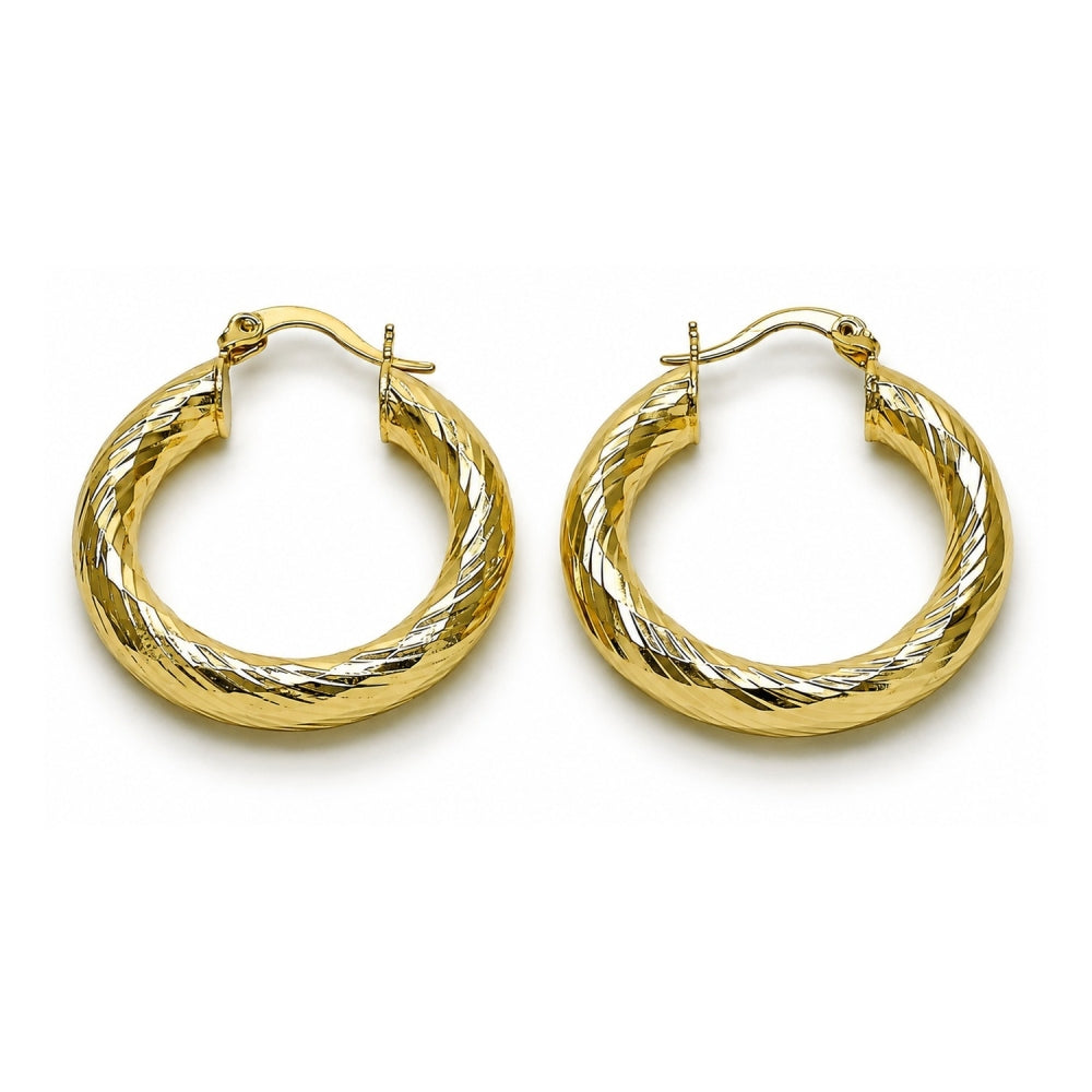 Oro Laminado Medium Hoop, Gold Filled Style Hollow Design, Diamond Cutting Finish, Golden Finish