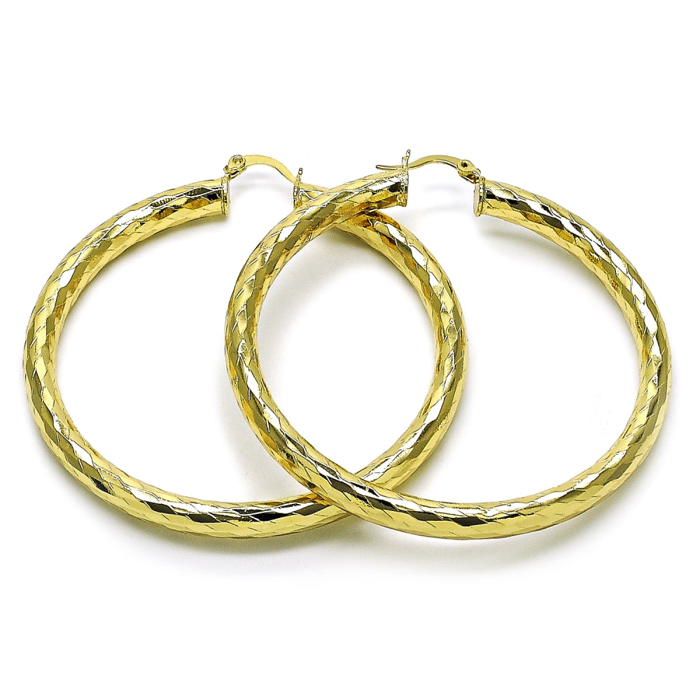 Oro Laminado Large Hoop, Gold Filled Style Hollow Design, Diamond Cutting Finish, Golden Finish