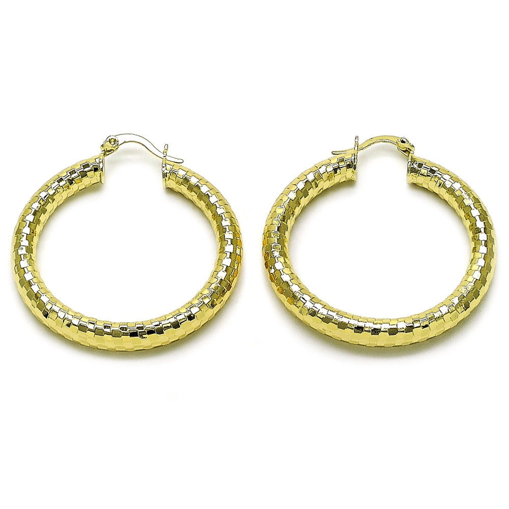 Oro Laminado Medium Hoop, Gold Filled Style Hollow Design, Diamond Cutting Finish, Golden Finish