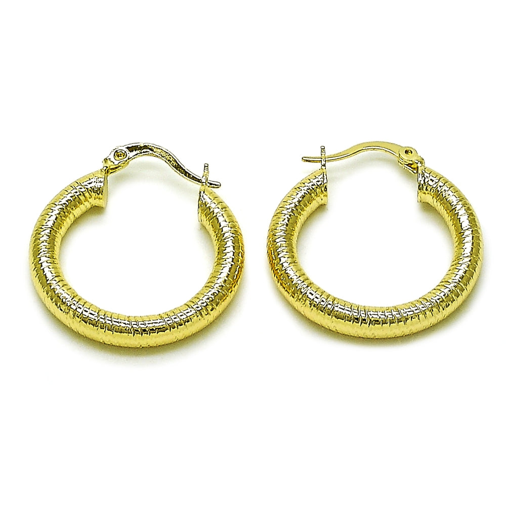 Oro Laminado Medium Hoop, Gold Filled Style Hollow Design, Diamond Cutting Finish, Golden Finish