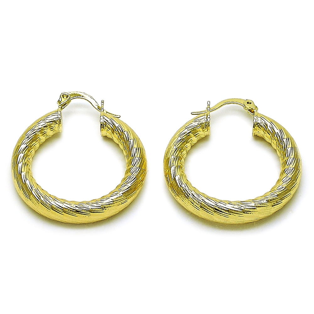 Oro Laminado Medium Hoop, Gold Filled Style Hollow Design, Diamond Cutting Finish, Golden Finish