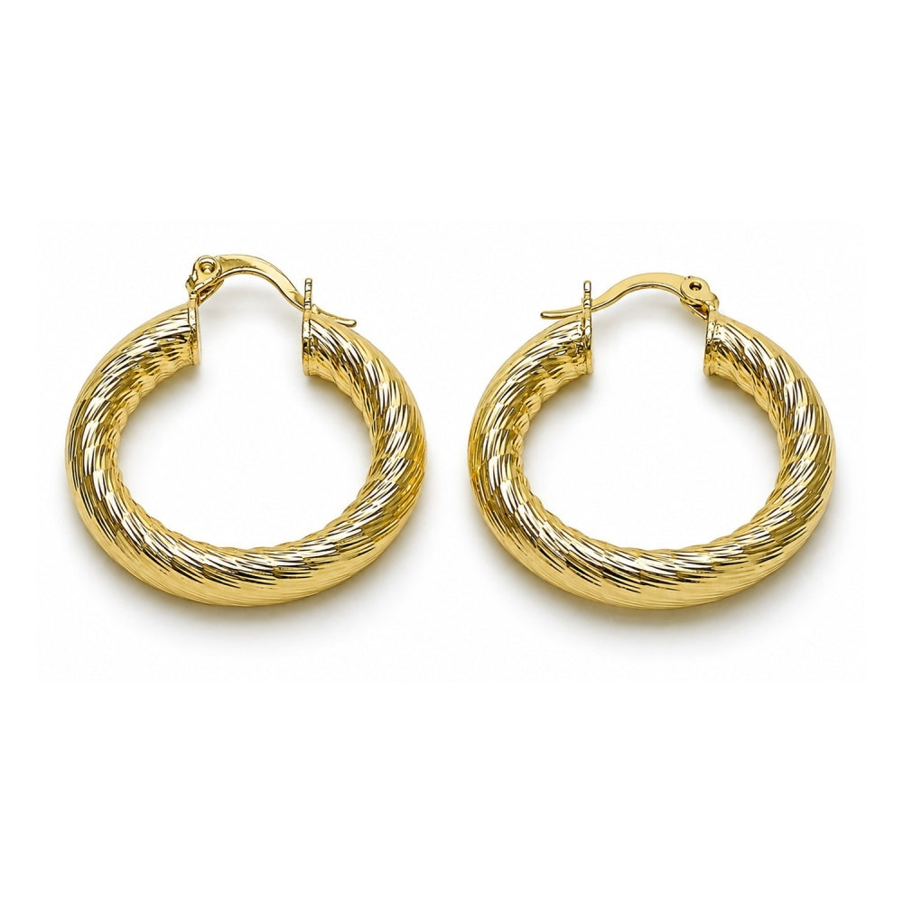 Oro Laminado Medium Hoop, Gold Filled Style Hollow Design, Diamond Cutting Finish, Golden Finish