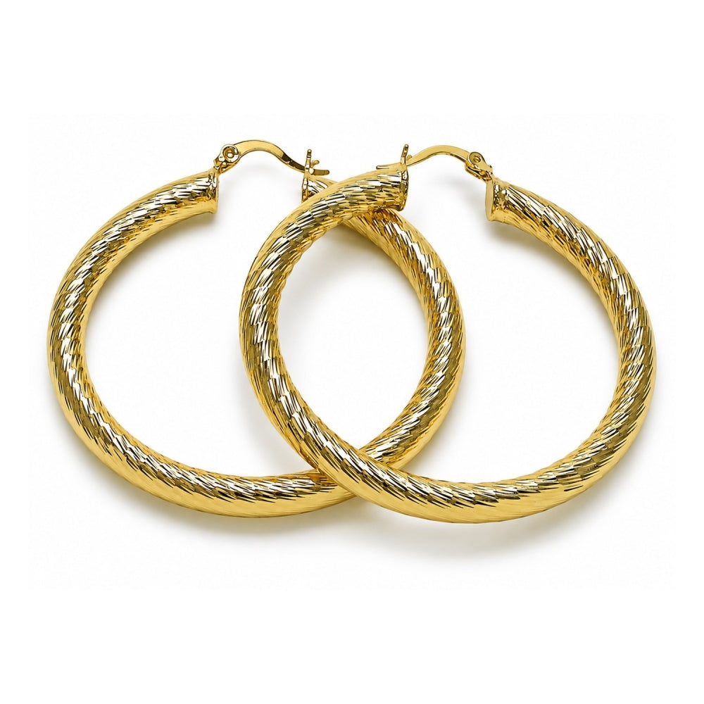 Oro Laminado Large Hoop, Gold Filled Style Hollow Design, Diamond Cutting Finish, Golden Finish