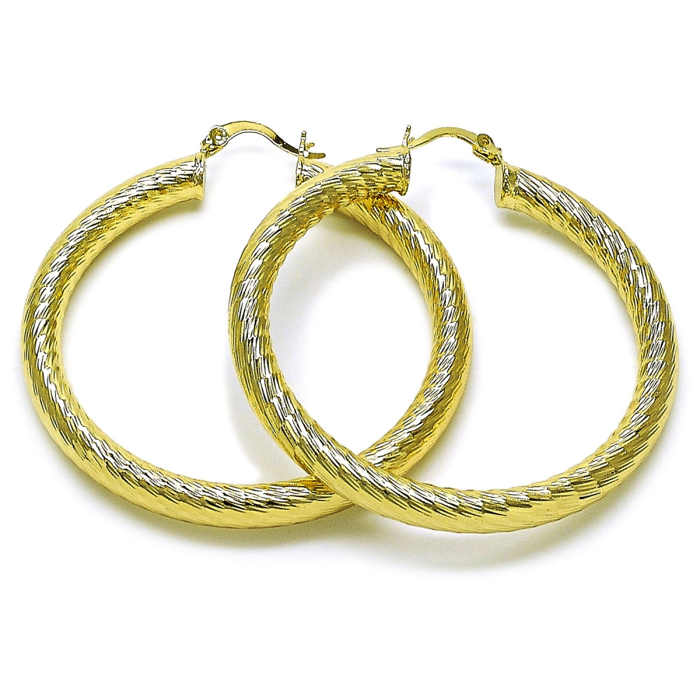 Oro Laminado Large Hoop, Gold Filled Style Hollow Design, Diamond Cutting Finish, Golden Finish