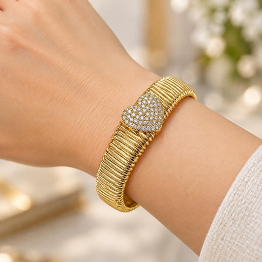 Oro Laminado Individual Bangle, Gold Filled Style Heart Design, with White Cubic Zirconia, Polished, Golden Finish