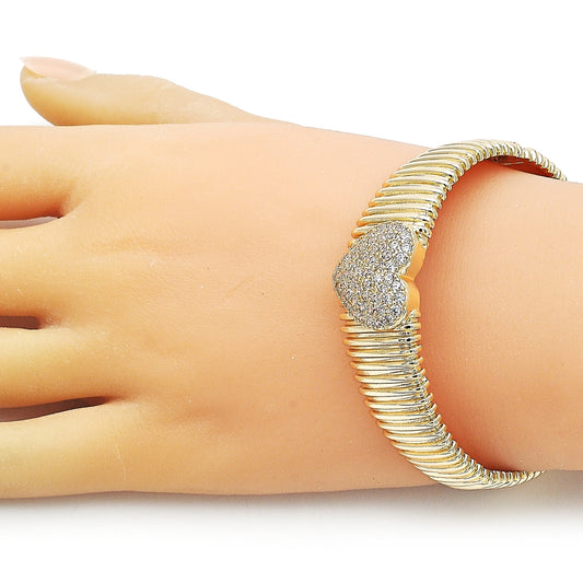 Oro Laminado Individual Bangle, Gold Filled Style Heart Design, with White Cubic Zirconia, Polished, Golden Finish
