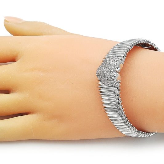 Rhodium Gold Filled Individual Bangle, Heart Design, with White Cubic Zirconia, Polished, Rhodium Finish