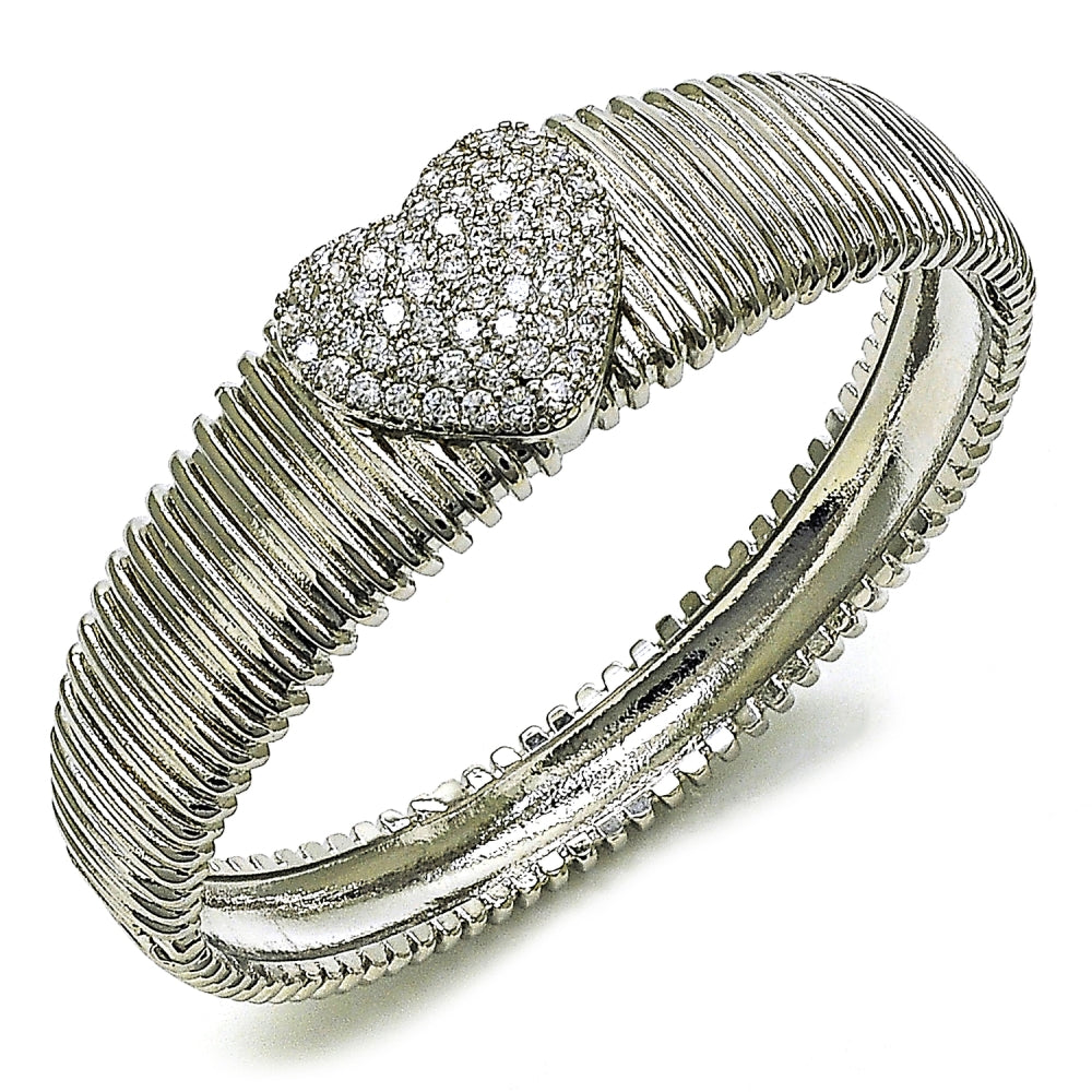 Rhodium Gold Filled Individual Bangle, Heart Design, with White Cubic Zirconia, Polished, Rhodium Finish