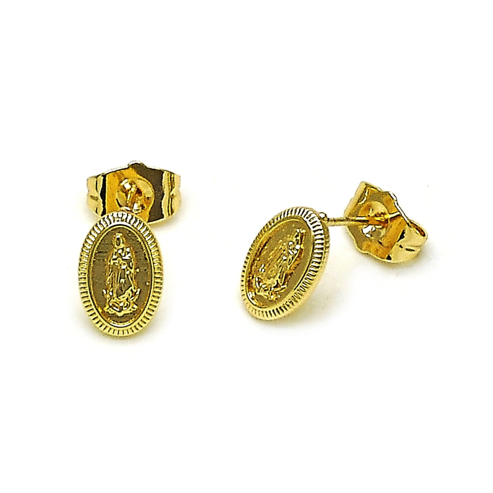Oro Laminado Stud Earring, Gold Filled Style Guadalupe Design, Polished, Golden Finish