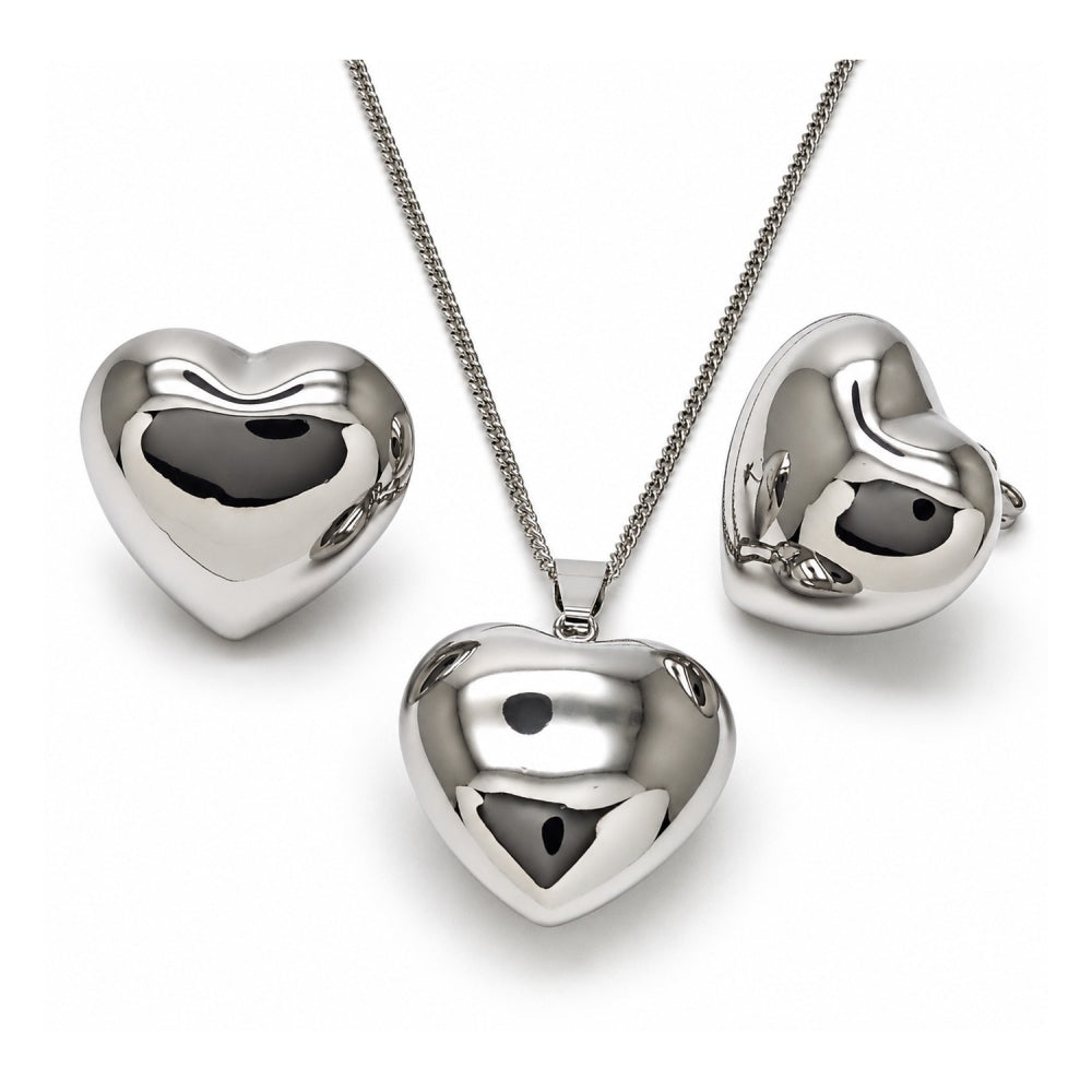 White Gold Filled Earring and Pendant Adult Set, Heart and Hollow Design, Polished, Rhodium Finish