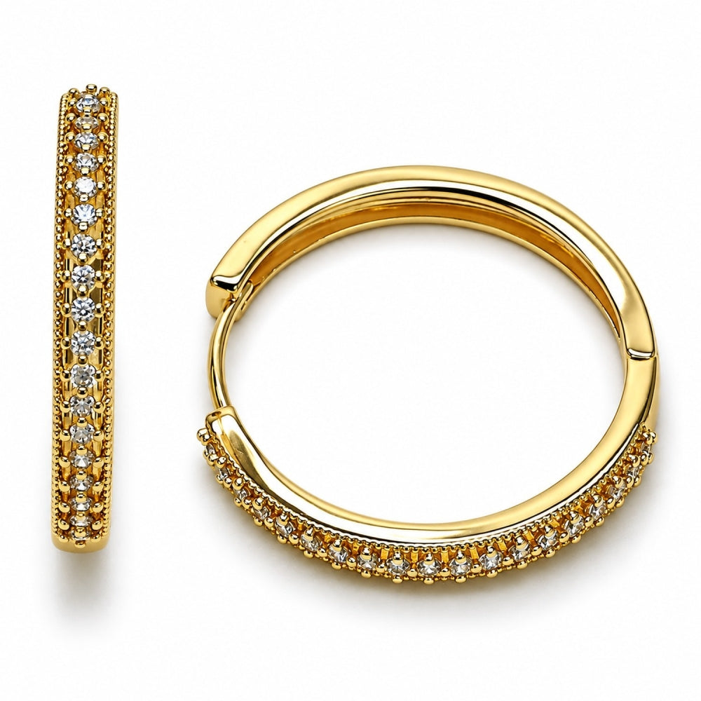 Oro Laminado Huggie Hoop, Gold Filled Style with White Cubic Zirconia, Polished, Golden Finish