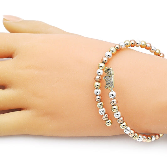 Oro Laminado Individual Bangle, Gold Filled Style Elephant and Ball Design, with White Cubic Zirconia, Polished, Tricolor