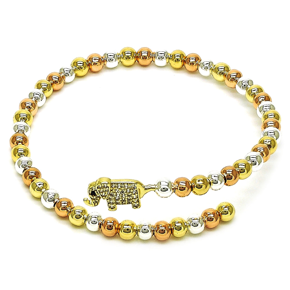 Oro Laminado Individual Bangle, Gold Filled Style Elephant and Ball Design, with White Cubic Zirconia, Polished, Tricolor