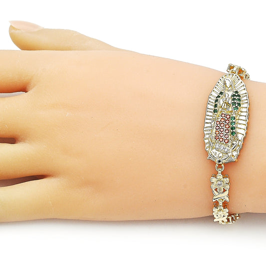 Oro Laminado Fancy Bracelet, Gold Filled Style Guadalupe and Flower Design, with White and Garnet Cubic Zirconia, Polished, Golden Finish