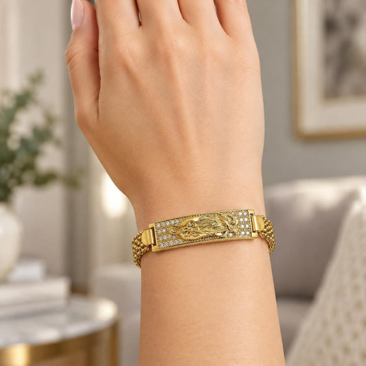 Oro Laminado ID Bracelet, Gold Filled Style Guadalupe and Bismark Design, with White Cubic Zirconia, Polished, Golden Finish