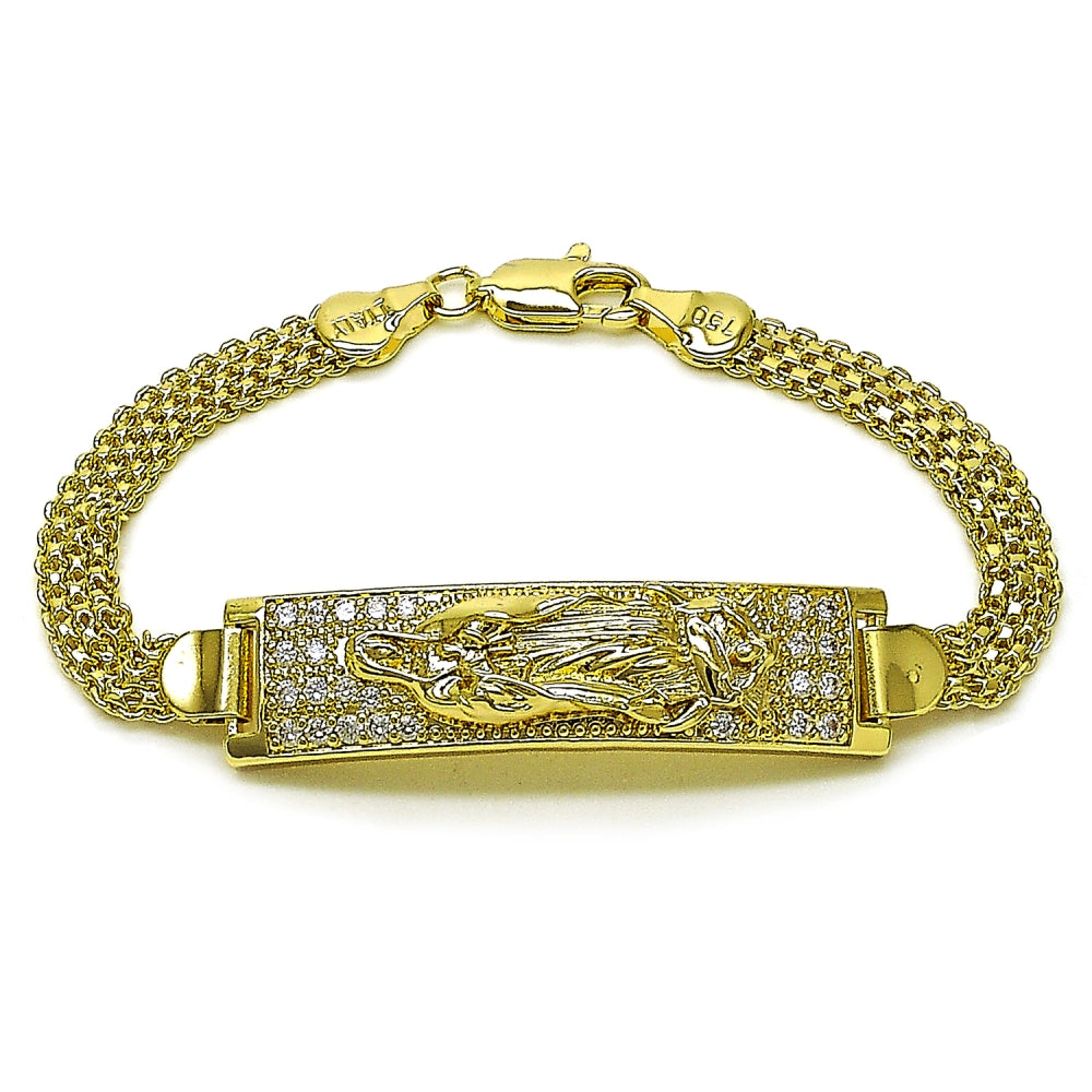 Oro Laminado ID Bracelet, Gold Filled Style Guadalupe and Bismark Design, with White Cubic Zirconia, Polished, Golden Finish