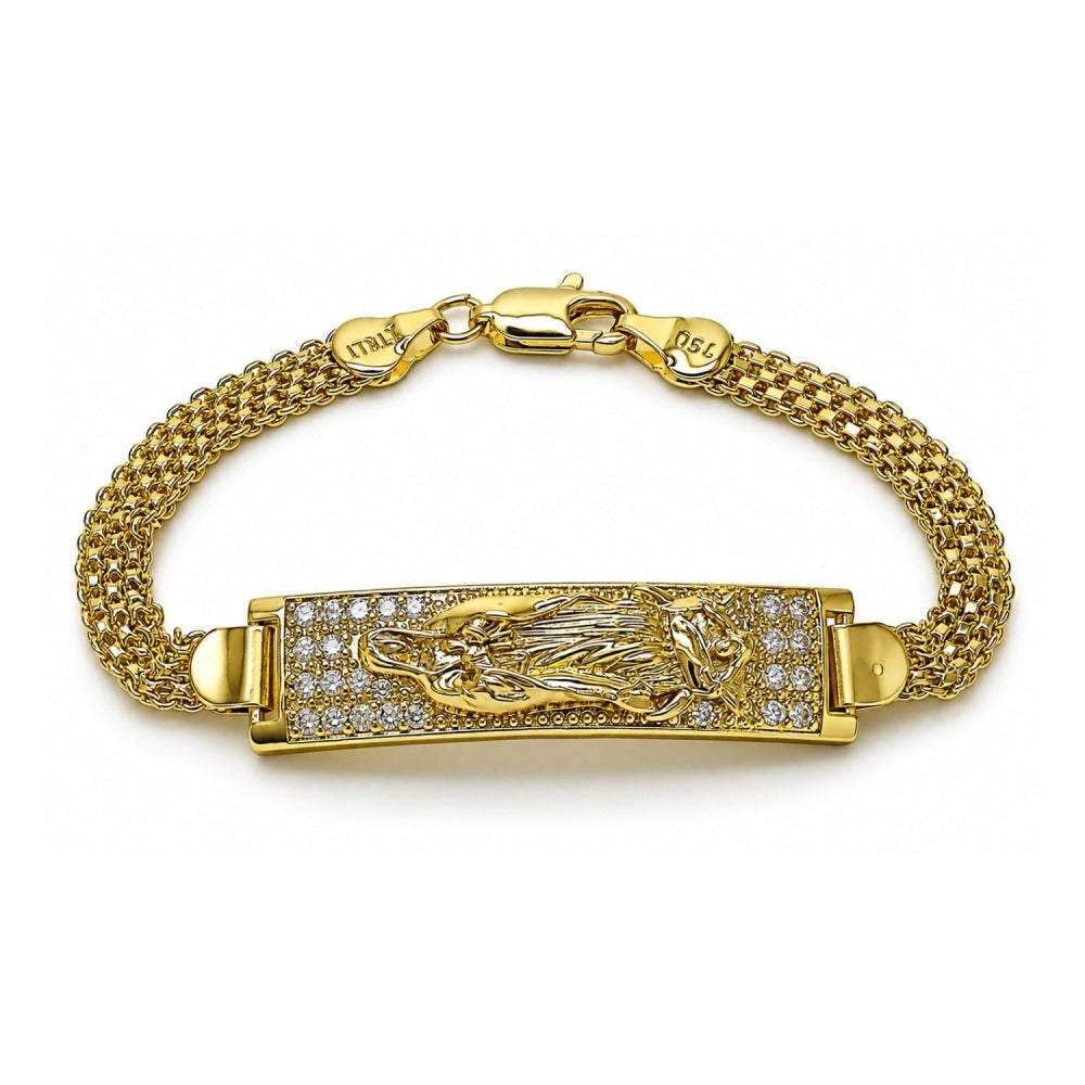 Oro Laminado ID Bracelet, Gold Filled Style Guadalupe and Bismark Design, with White Cubic Zirconia, Polished, Golden Finish