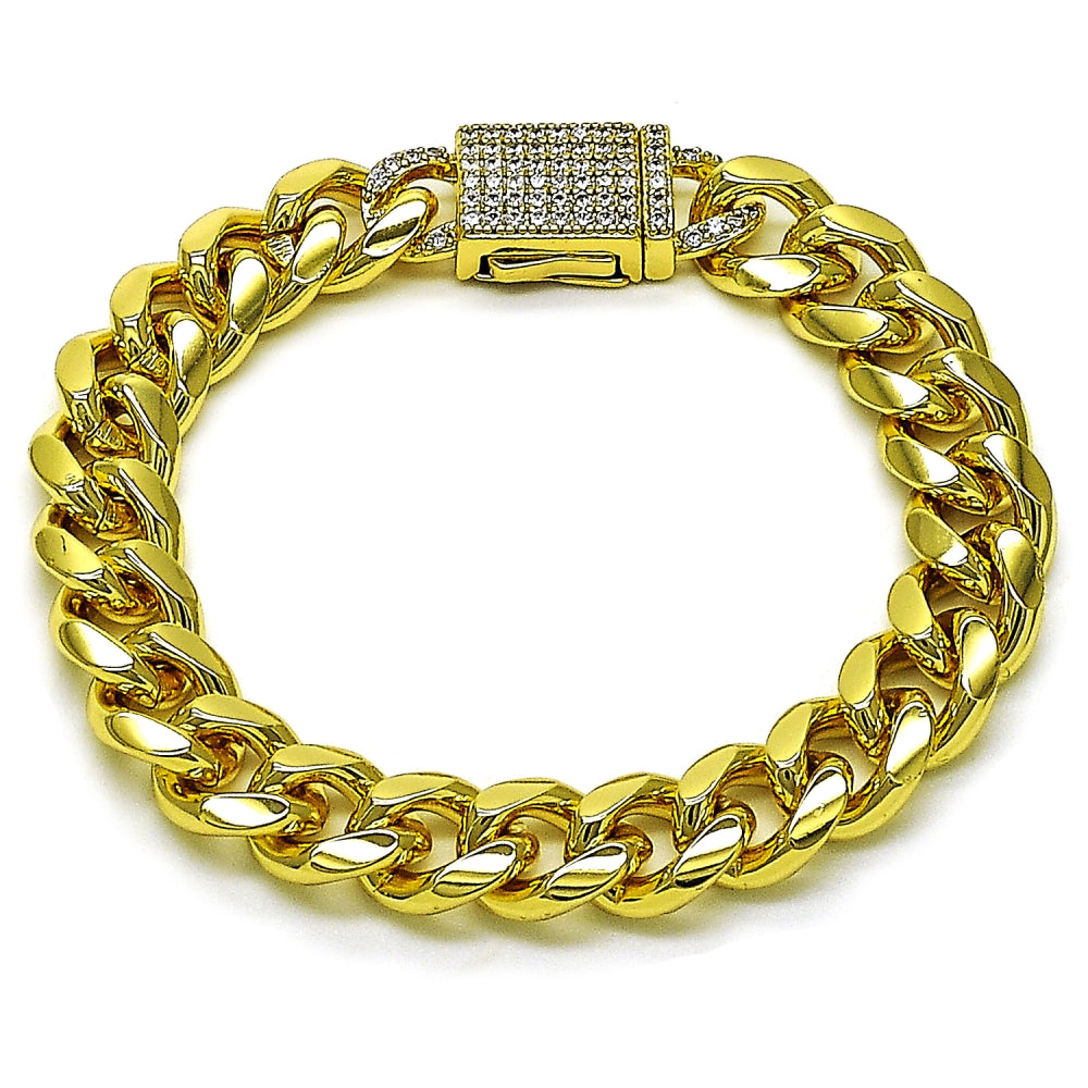 Oro Laminado Fancy Bracelet, Gold Filled Style Miami Cuban Design, with White Micro Pave, Polished, Golden Finish