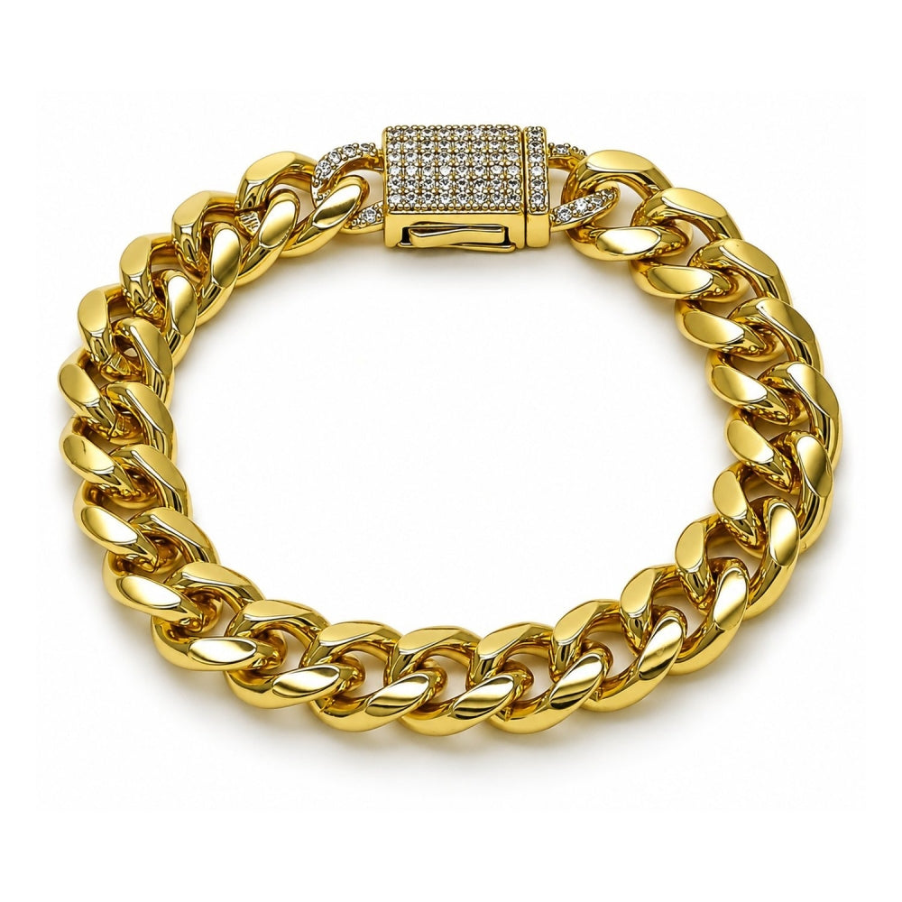 Oro Laminado Fancy Bracelet, Gold Filled Style Miami Cuban Design, with White Micro Pave, Polished, Golden Finish