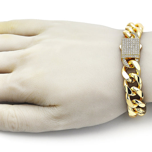 Oro Laminado Fancy Bracelet, Gold Filled Style Miami Cuban Design, with White Cubic Zirconia, Polished, Golden Finish