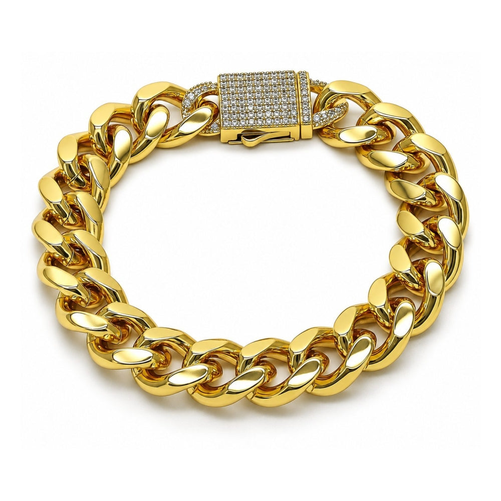 Oro Laminado Fancy Bracelet, Gold Filled Style Miami Cuban Design, with White Cubic Zirconia, Polished, Golden Finish